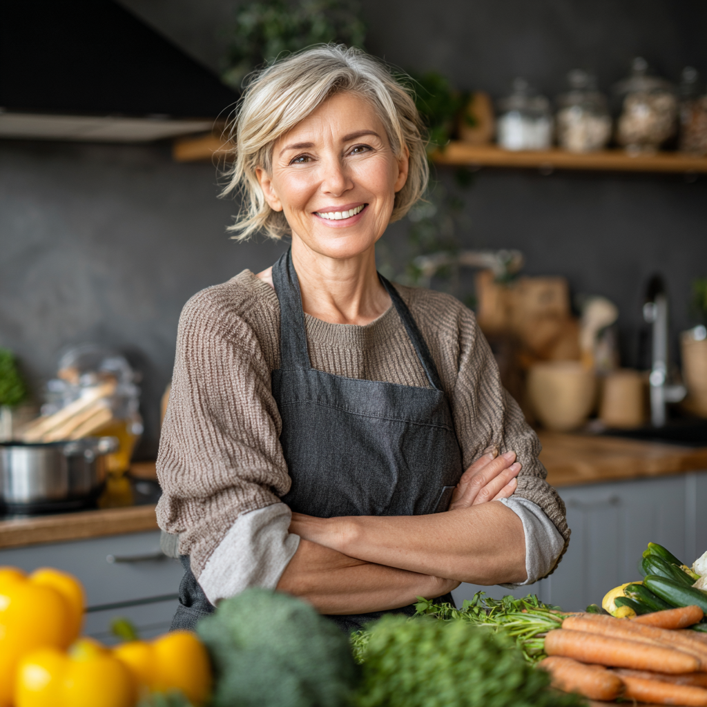 Smiling middle-aged Czech woman preparing fresh vegetables in a modern kitchen, looking healthy and energetic